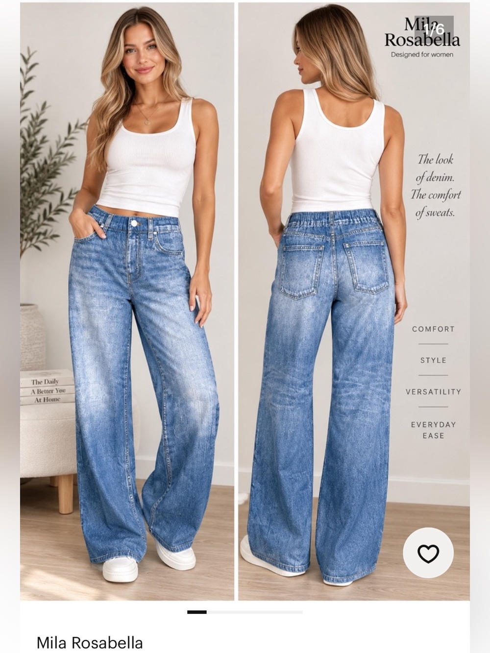 Mila Rosabella Wide-Leg Faux Denim Pull On Sweatpant Jean Light Wash Size XS.